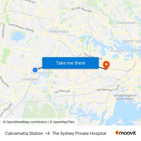 Cabramatta Station to The Sydney Private Hospital map