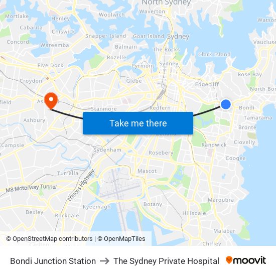 Bondi Junction Station to The Sydney Private Hospital map