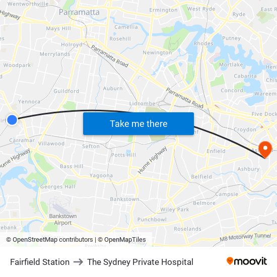 Fairfield Station to The Sydney Private Hospital map