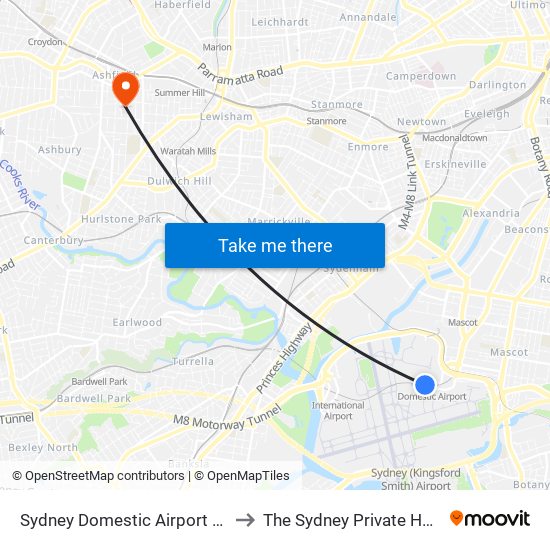 Sydney Domestic Airport Station to The Sydney Private Hospital map