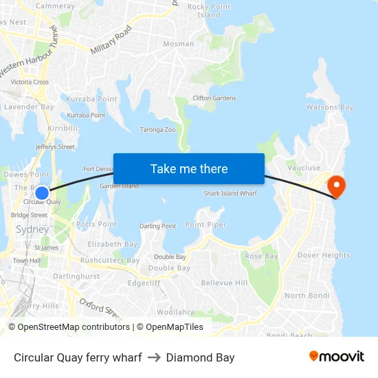 Circular Quay ferry wharf to Diamond Bay map