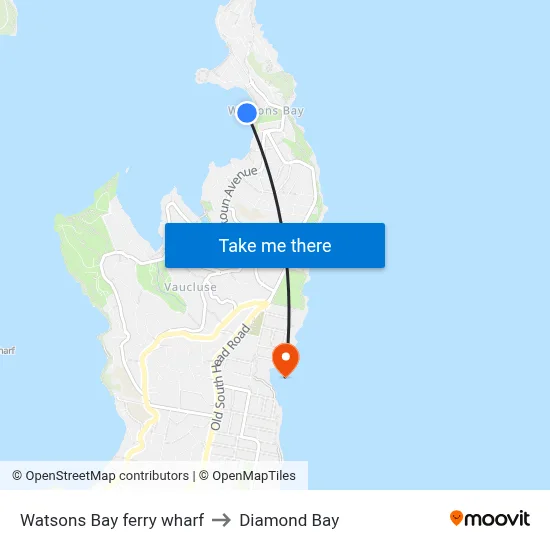 Watsons Bay ferry wharf to Diamond Bay map