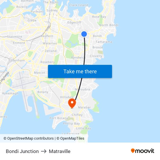 Bondi Junction to Matraville map