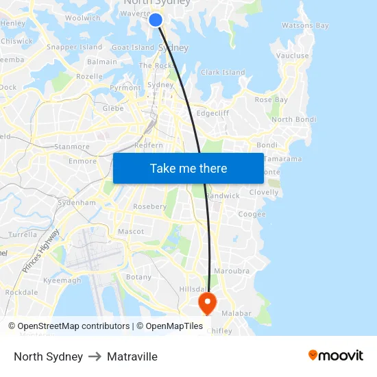 North Sydney to Matraville map