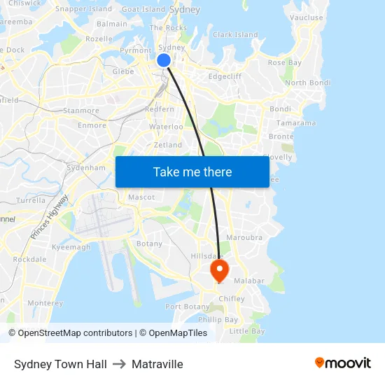 Sydney Town Hall to Matraville map