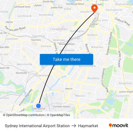 Sydney International Airport Station to Haymarket map