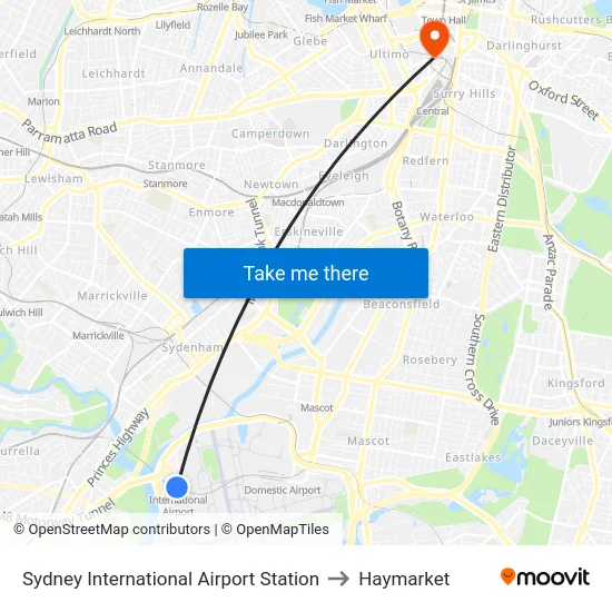 Sydney International Airport Station to Haymarket map