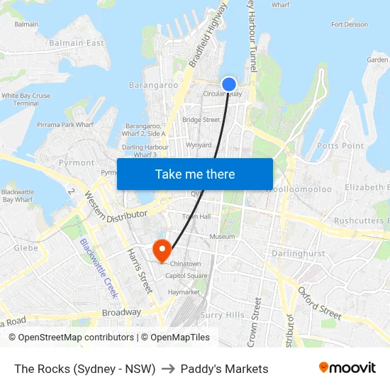 The Rocks (Sydney - NSW) to Paddy's Markets map