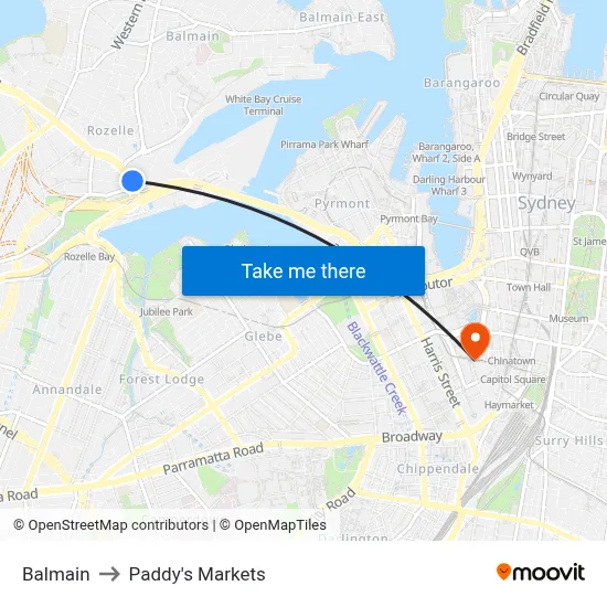 Balmain to Paddy's Markets map