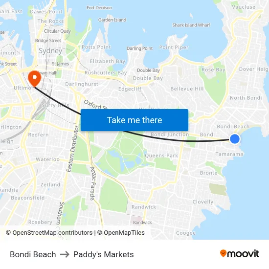 Bondi Beach to Paddy's Markets map