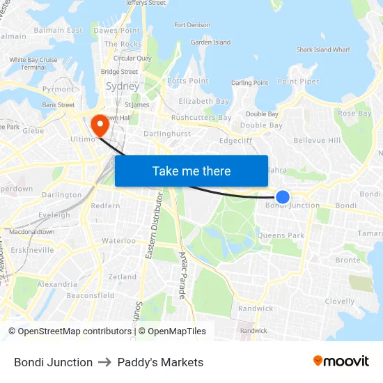 Bondi Junction to Paddy's Markets map