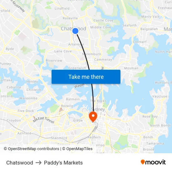 Chatswood to Paddy's Markets map