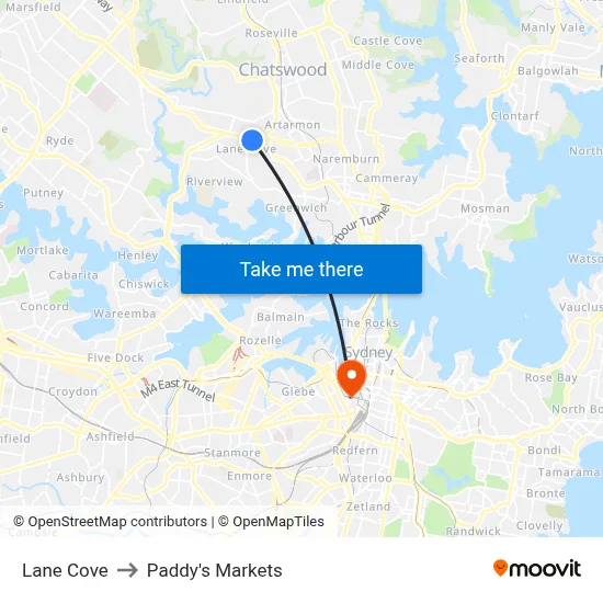 Lane Cove to Paddy's Markets map