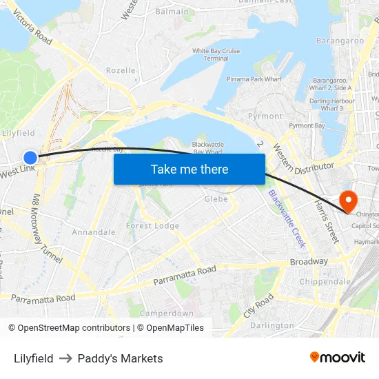Lilyfield to Paddy's Markets map