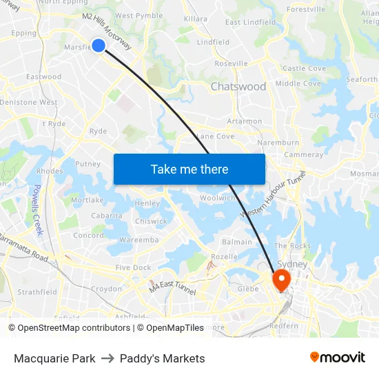 Macquarie Park to Paddy's Markets map