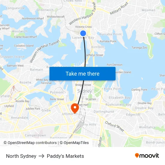 North Sydney to Paddy's Markets map