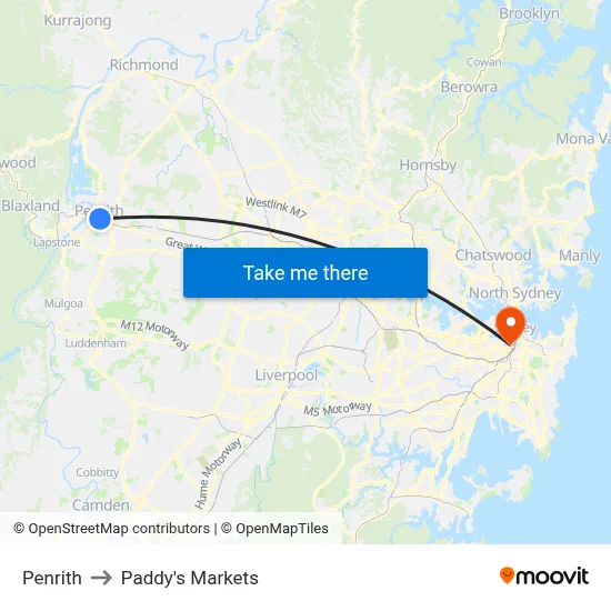 Penrith to Paddy's Markets map