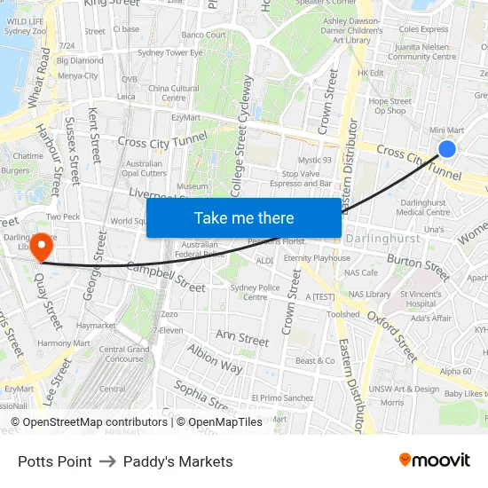 Potts Point to Paddy's Markets map