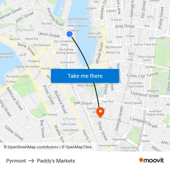 Pyrmont to Paddy's Markets map