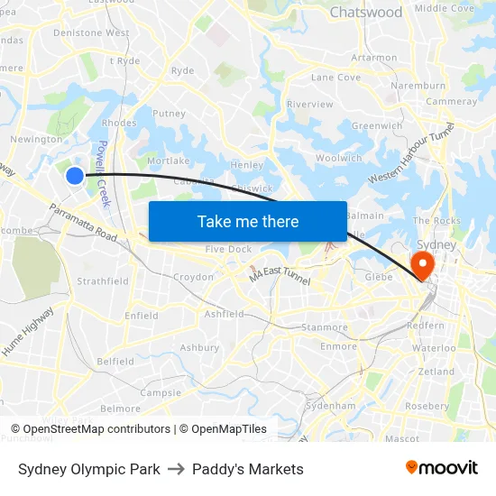Sydney Olympic Park to Paddy's Markets map