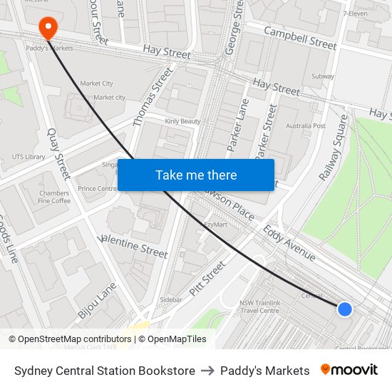 Sydney Central Station Bookstore to Paddy's Markets map