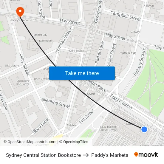 Sydney Central Station Bookstore to Paddy's Markets map
