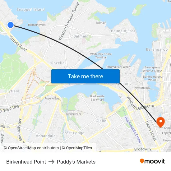Birkenhead Point to Paddy's Markets map