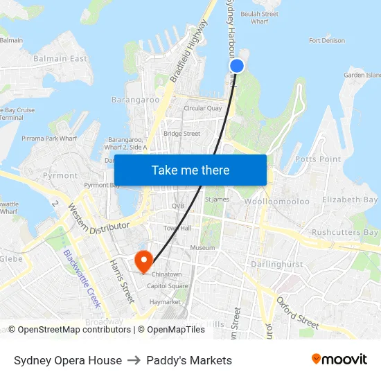 Sydney Opera House to Paddy's Markets map