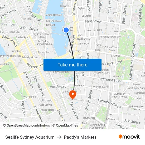 Sealife Sydney Aquarium to Paddy's Markets map
