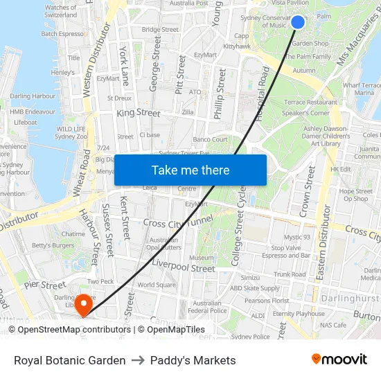 Royal Botanic Garden to Paddy's Markets map