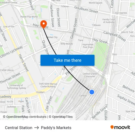 Central Station to Paddy's Markets map