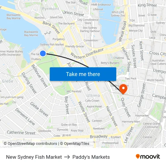 New Sydney Fish Market to Paddy's Markets map