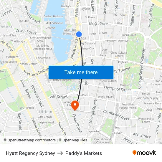 Hyatt Regency Sydney to Paddy's Markets map