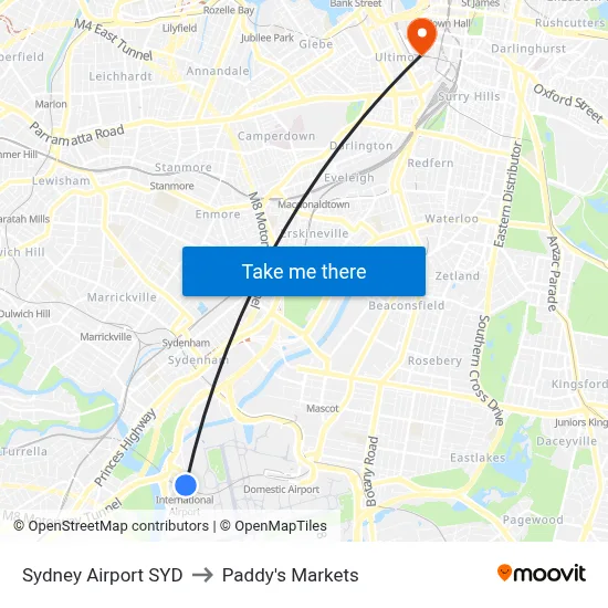 Sydney Airport SYD to Paddy's Markets map