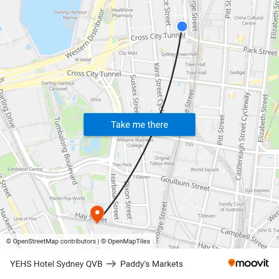 YEHS Hotel Sydney QVB to Paddy's Markets map