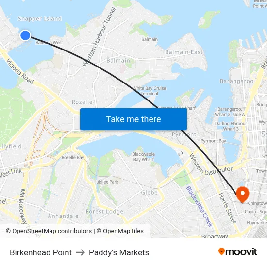 Birkenhead Point to Paddy's Markets map