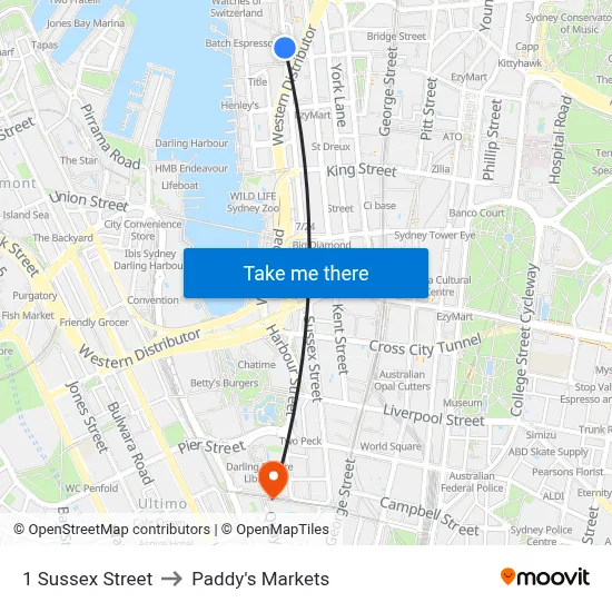1 Sussex Street to Paddy's Markets map