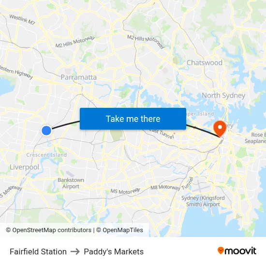 Fairfield Station to Paddy's Markets map