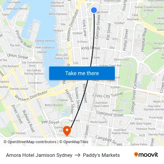 Amora Hotel Jamison Sydney to Paddy's Markets map