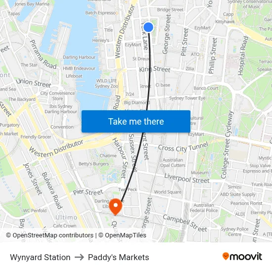 Wynyard Station to Paddy's Markets map