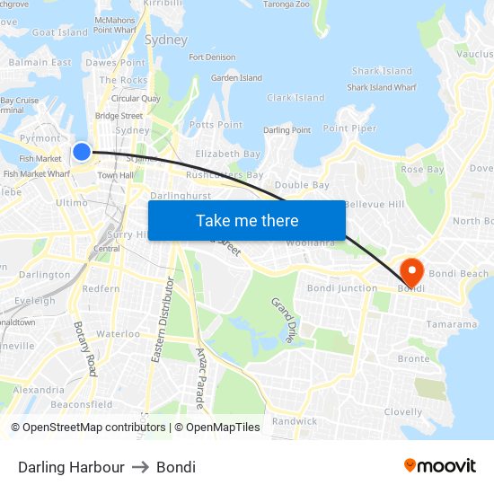 Darling Harbour to Bondi map