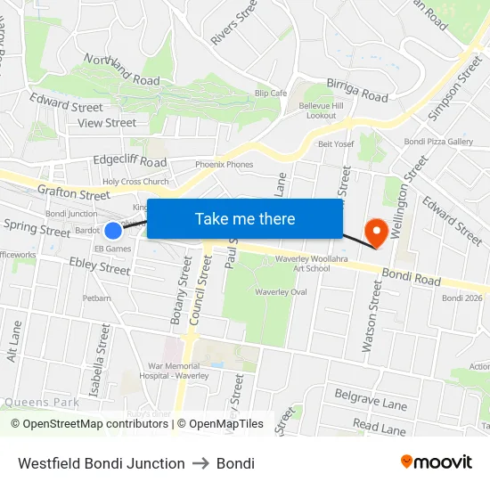 Westfield Bondi Junction to Bondi map