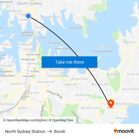 North Sydney Station to Bondi map