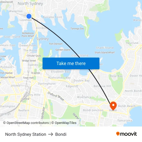 North Sydney Station to Bondi map