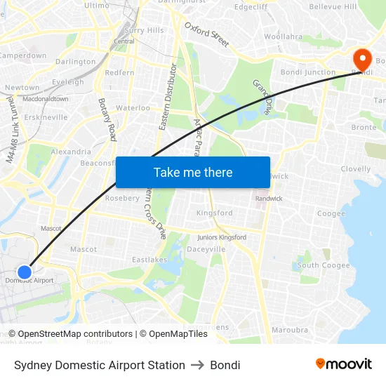 Sydney Domestic Airport Station to Bondi map