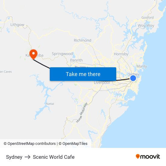Sydney to Scenic World Cafe map