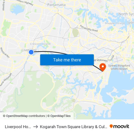 Liverpool Hospital to Kogarah Town Square Library & Cultural Centre map