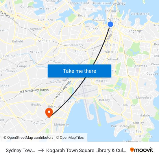 Sydney Town Hall to Kogarah Town Square Library & Cultural Centre map