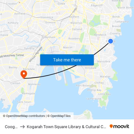 Coogee to Kogarah Town Square Library & Cultural Centre map