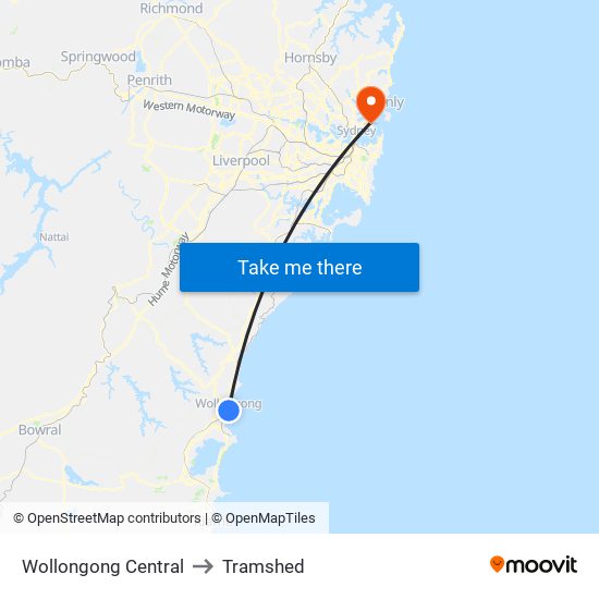 Wollongong Central to Tramshed map